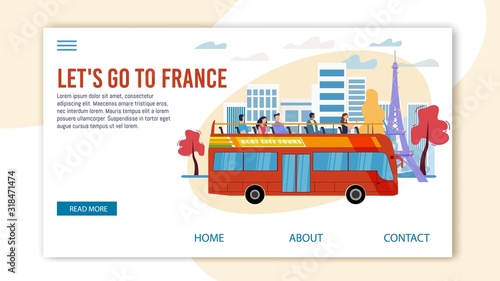 Bus Tours, Professional Excursion in France Trendy Flat Vector Web Banner, Landing Page Template. Tourists Visiting Paris, Observing Famous Attractions from Double-Decker, Open Top Bus Illustration
