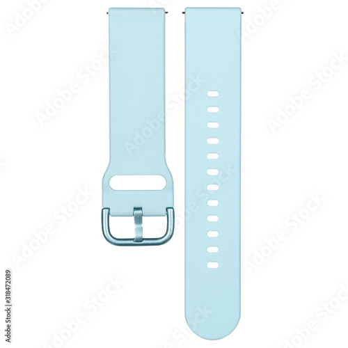 Light blue silicone strap for sports watches and smart gadgets. One-color solid bracelet isolated on white background