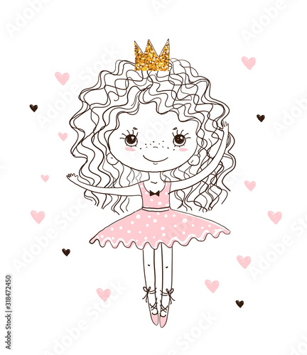 Cute little princess ballerina. A girl dances in a tutu skirt and pointe shoes. Linear hand drawing, vector doodle illustration isolated on white background