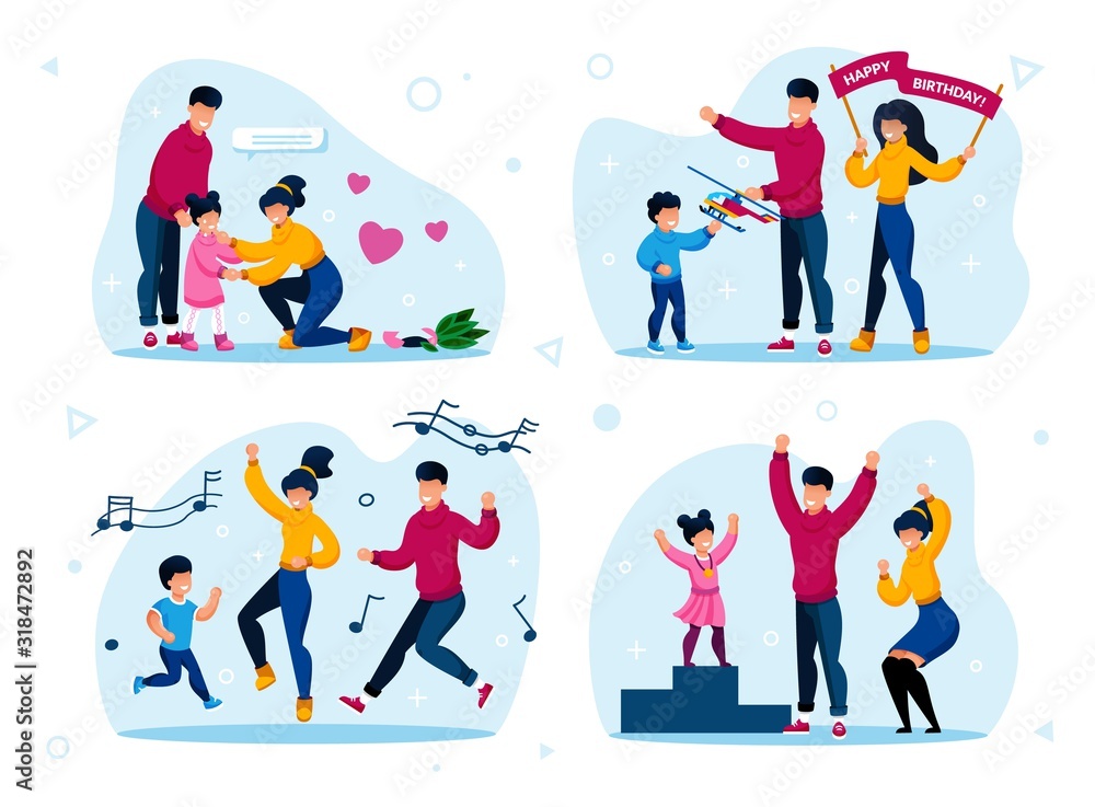 Family Happy Relationships Trendy Flat Vector Concepts Set. Parents Calming Down Worried Kid, Giving Birthday Gift to Child, Happy Dancing, Celebrating Daughters Sport Victory Isolated Illustrations Family Happy Relationships Trendy Flat Vector Concepts Set. Parents Calming Down Worried Kid, Giving Birthday Gift to Child, Happy Dancing, Celebrating Daughters Sport Victory Isolated Illustrations