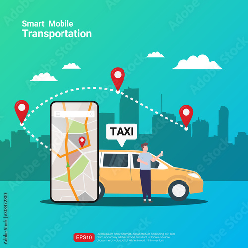 Car sharing illustration concept. online taxi or rent transportation using smartphone service application with character. Route points location on gps map for landing page, banner, web, UI, flyer