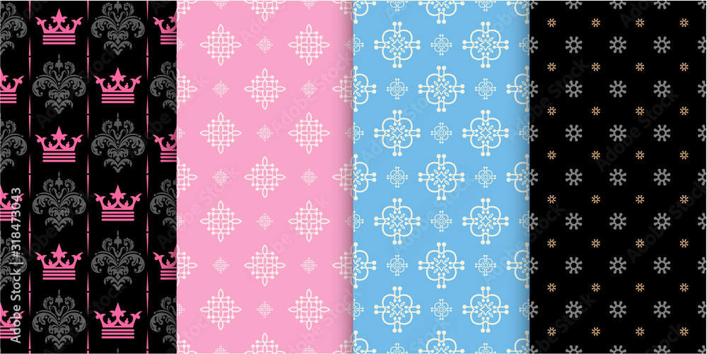 Colorful background patterns. Set of seamless vector patterns in vintage style. 4 Patterns for Your design. Vector image.