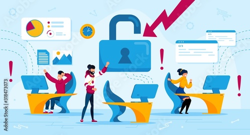 Network Security, Virus or Hacker Attack Trendy Flat Vector Concept. Company Employees in Panic, Office Workers Worried Because of Computers Systems Failures, Files Losing or Damaging Illustration