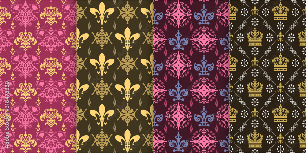 Set of 4 seamless backgrounds. Colorful patterns in retro style. Vintage patterns, vector image