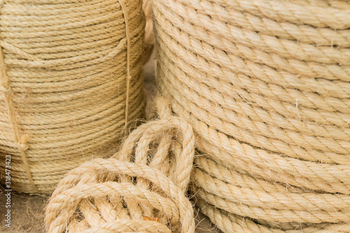 Close up view of twisted rope made of sisal. Background
