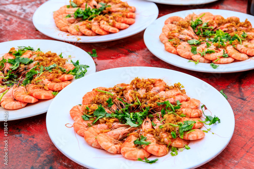 Boiled shrimp cold dish,ingredients are coriander and garlic,Chinese food.