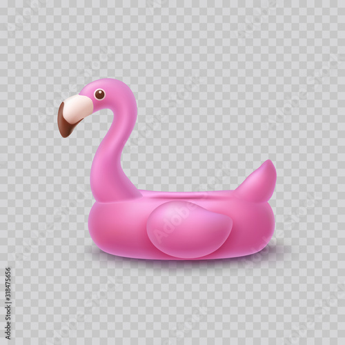 Flamingo isolated on transparent background. Pink inflatable swimming pool ring. Vector 3d float icon. Summer beach or pool toy template..