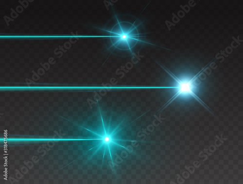 Laser beam set isolated on transparent background. Abstract blue shine light rays with glow lazer flash. Vector turquoise neon explosion effects..