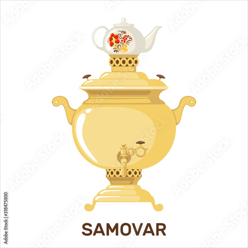Vector Traditional Russian gold samovar with teapot icon in flat style isolated on white background.