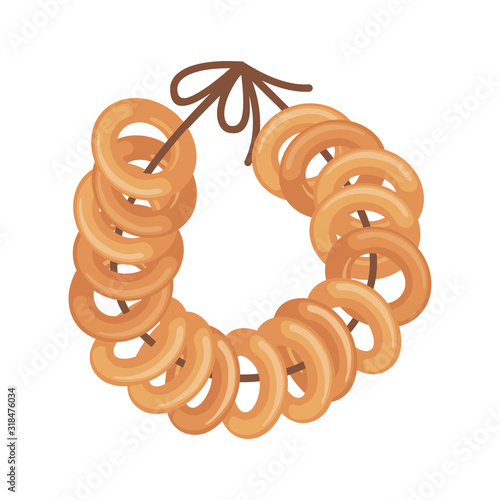 A bunch of bagels on a rope icon in flat style isolated on a white background.