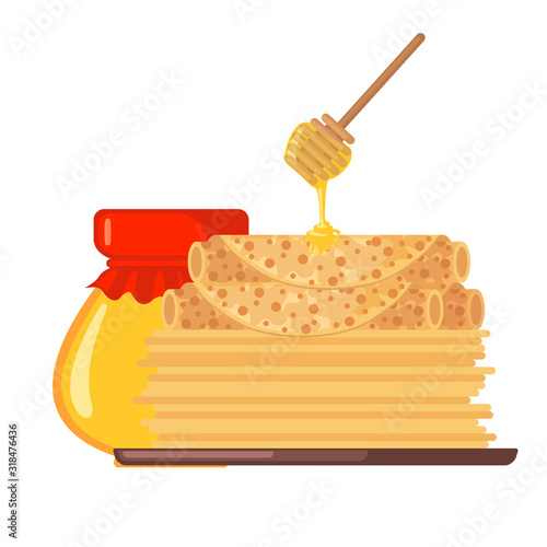 Stack of pancakes with honey vector icon in flat style isolated on white background.