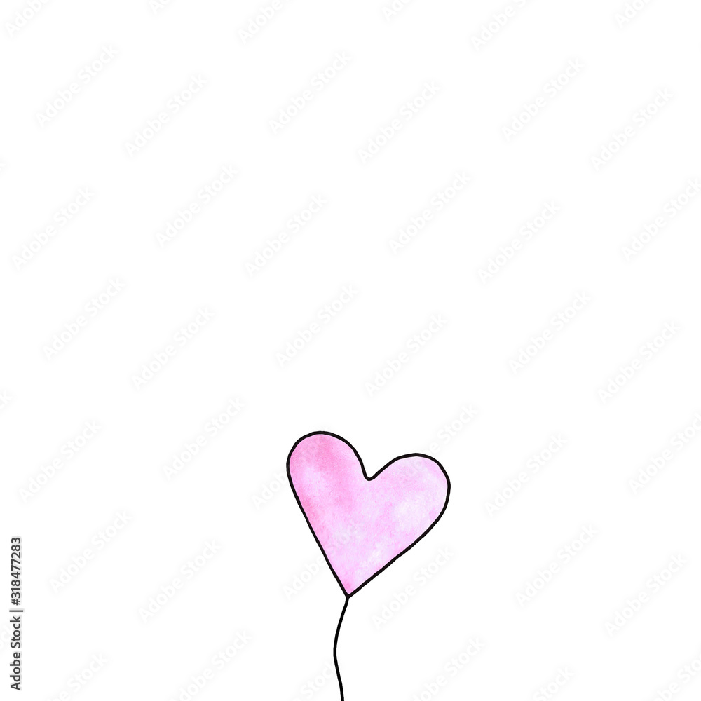 Pink watercolor balloon in shape of heart isolated on white background. Symbol of love, romance. Simple illustration for Valentines day, birthday, wedding, greeting card, web. Doodle hand drawn
