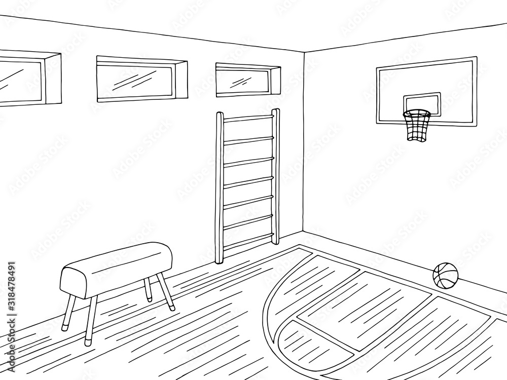 Sport hall school gym interior graphic black white sketch illustration