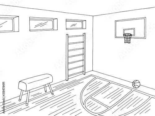 Sport hall school gym interior graphic black white sketch illustration vector