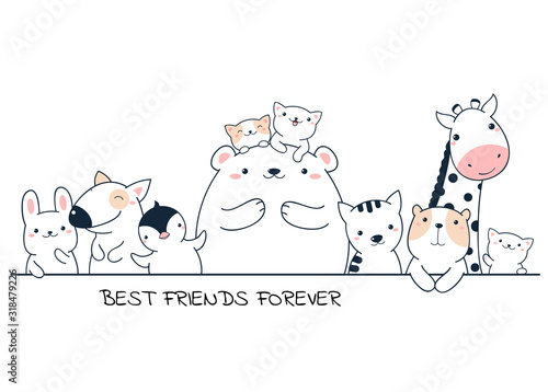 Best friends forever. Horizontal poster with cute animals