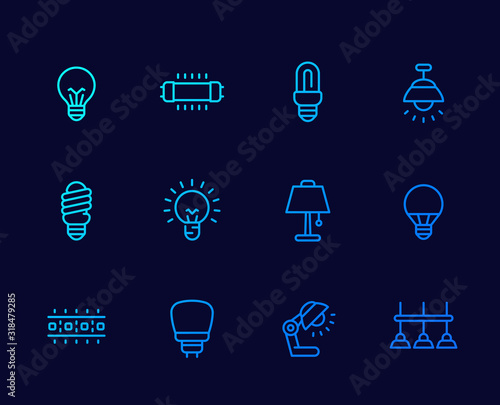 light bulbs, illumination and lamps thin line icons