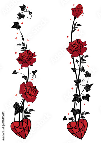 set of dividers with roses, heart, butterflies and ivy in black and white colors