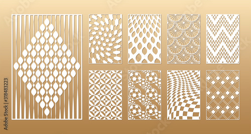 9 Laser cut vector panels (ratio 2:3). Cutout silhouette with treads and beads, soccer ball, sliced citrus, mosaic and geometric patterns. The set is suitable for engraving, laser cutting wood, metal.