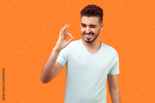 I am ok! Portrait of playful optimistic handsome brunette man with beard in white t-shirt showing okay finger gesture and winking at camera, flirting. indoor studio shot isolated on orange background photo