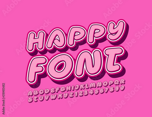 Vector Happy Font for Kids. Bright Pink Alphabet Letters and Numbers. 