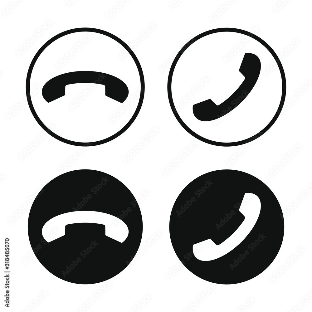 Phone icon set. Call application symbol. Flat interface buttons. Simple shape telephone sign. Isolated on white background. Vector illustration image. Phone icon set. Call application symbol. Flat interface buttons. Simple shape telephone sign. Isolated on white background. Vector illustration image.