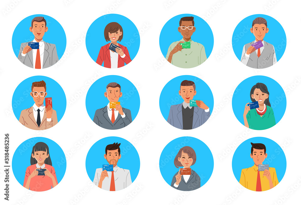 set of People man and women holding card flat vector illustration set of People man and women holding card flat vector illustration