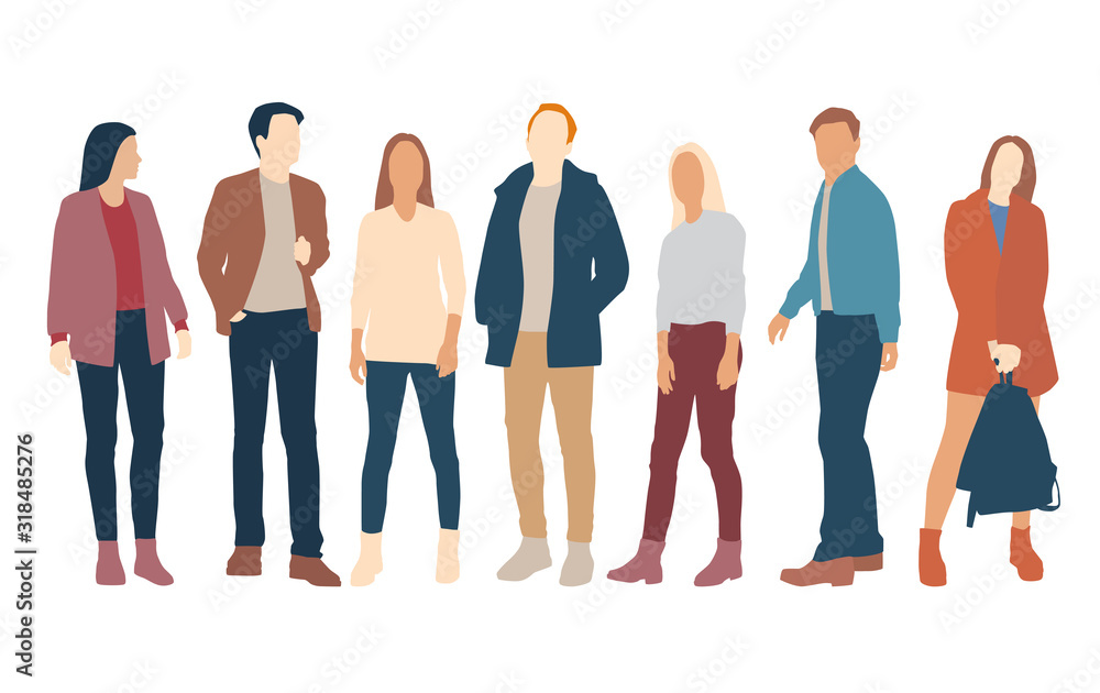 Silhouettes of men and women in outerwear, different colors, cartoon character, group of standing and waiking business people, flat icon design concept isolated on white background