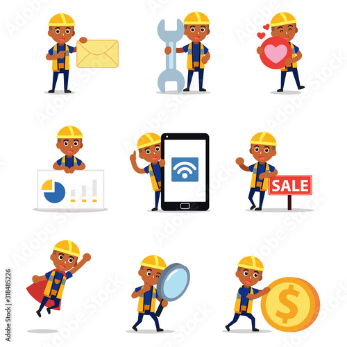 Set of character man handy in electrician.