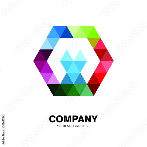 the letter logo M, with the hexagon shape of a collection of triangles. modern template. colorful texture. isolated white. M logo technology for companies, digital graphics and graphics