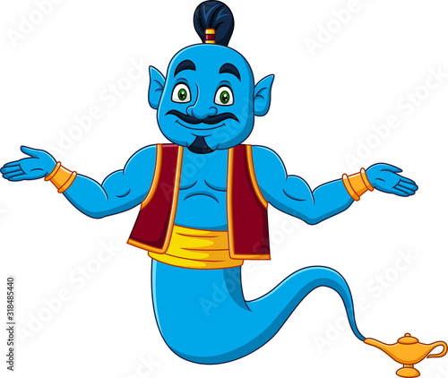 Cartoon genie appear from magic lamp