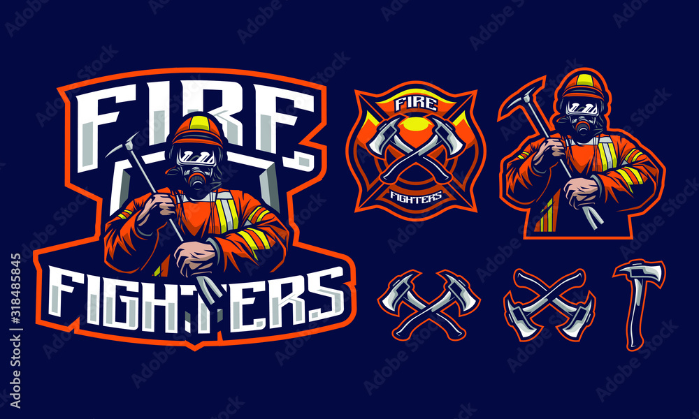 Fire fighters mascot logo design with extra design fit for sport of e-sport logo isolated on dark background