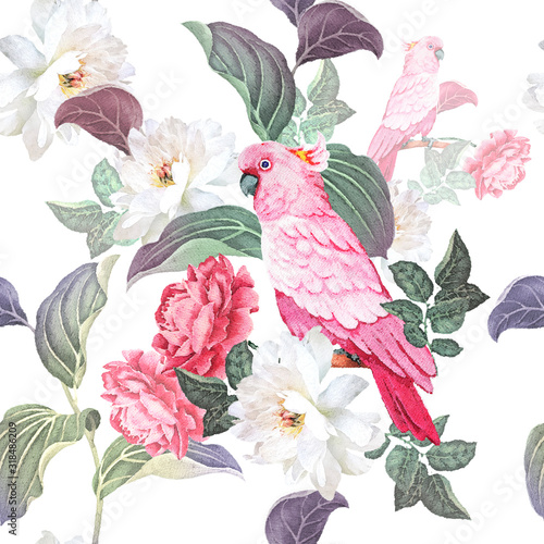 Obraz na płótnie Egzotyczny wzór akwarela. Róże, piwonie i różowa papuga.