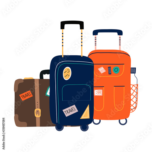 Isolated Suitcases with wheels. Travel bag with various stickers.Hand drawn vector illustration in flat cartoon style.