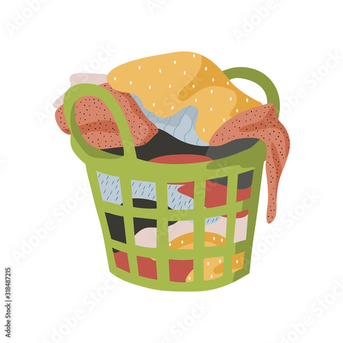 Isolated on white background basket with a bunch of dirty laundry. Vector flat illustration.