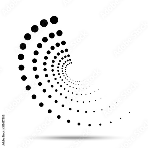 Halftone circular dotted insignia. Circle dots emblem isolated on the white background. Logo design element for medical, treatment, cosmetic. Snail shape using halftone circle dots texture. Vector