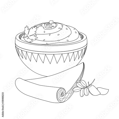 hummus is an arabic dish made of chickpeas, puree with sesame seeds, parsley and pita bread, vector illustration of black contour lines, isolated on white background in doodle hand drawn style