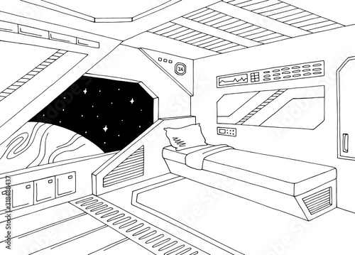 Spaceship interior cabin graphic black white sketch illustration vector