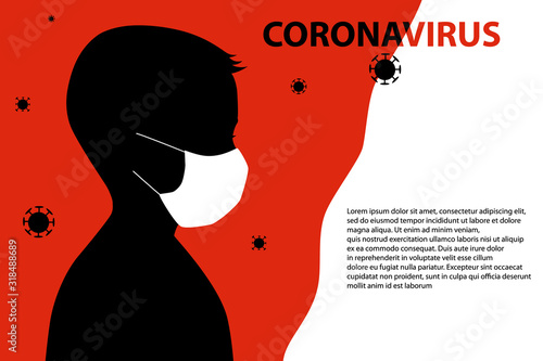 Deadly Virus Warning Template. Empty place for information. Black silhouette of man in white medical mask. Bacteria, viruses fly in air. Vector illustration. Spread of coronavirus. Protective measures