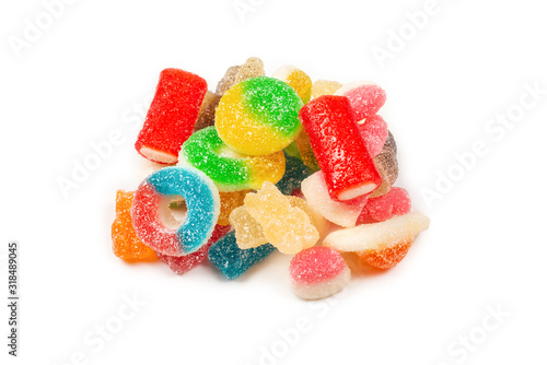 Assorted gummy candies. Top view. Jelly sweets. Isolated on white.