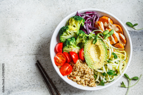 Tableau sur toile Buddha bowl salad with quinoa, avocado, broccoli, sweet potato and tahini dressing, gray background