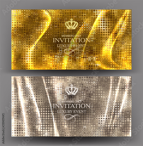Elegant VIP gold and silver invitations with textured pleated fabric on the background. Vector illustration