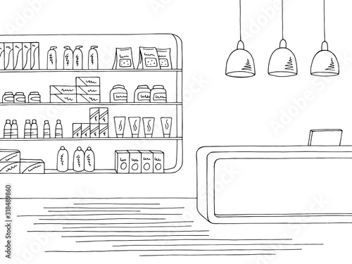 Pharmacy interior graphic store shop black white sketch illustration vector