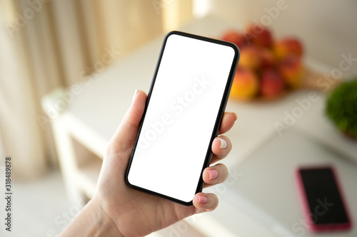 female hand holding phone with isolated screen background of room