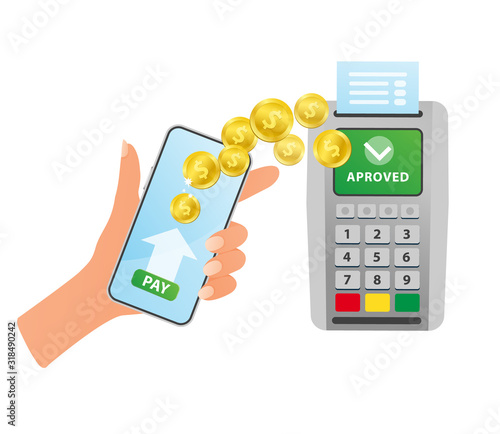 Pos terminal confirms the payment by smartphone. NFC TERMINAL. Vector illustration isolated.