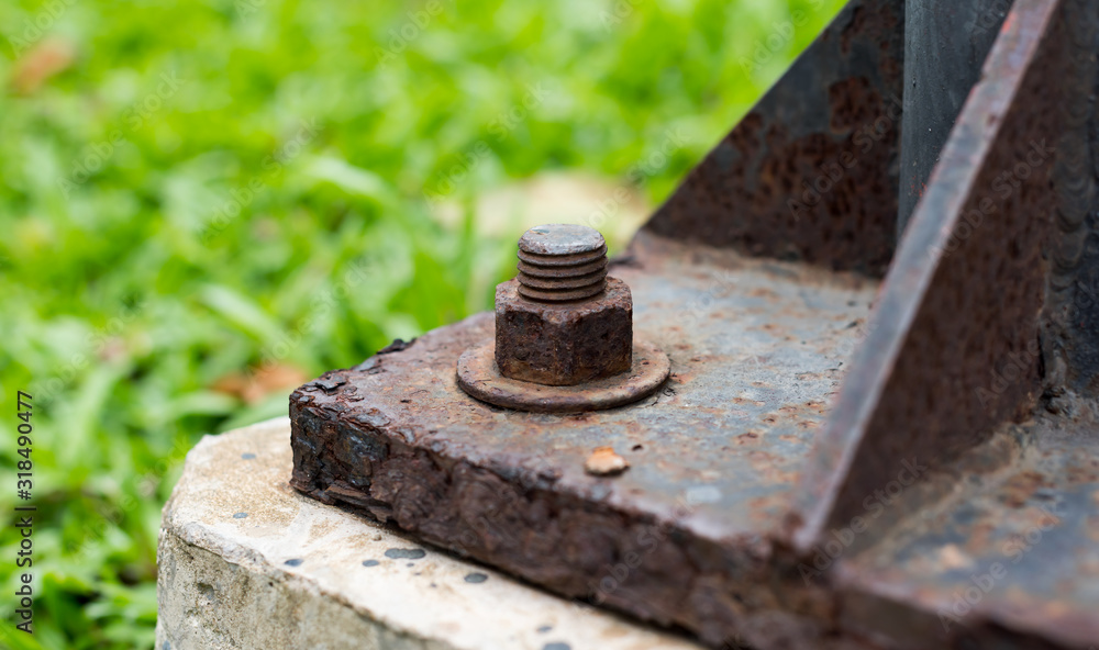 Rusted lighting post steel base plate, Rusted screw Rusted lighting post steel base plate, Rusted screw