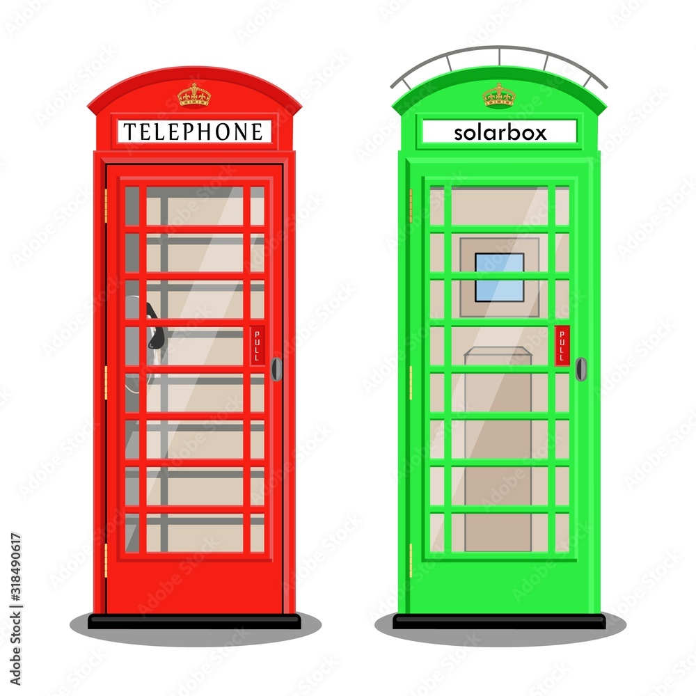 A classic red phone box and a green solarbox in London. Vector illustration, flat style.