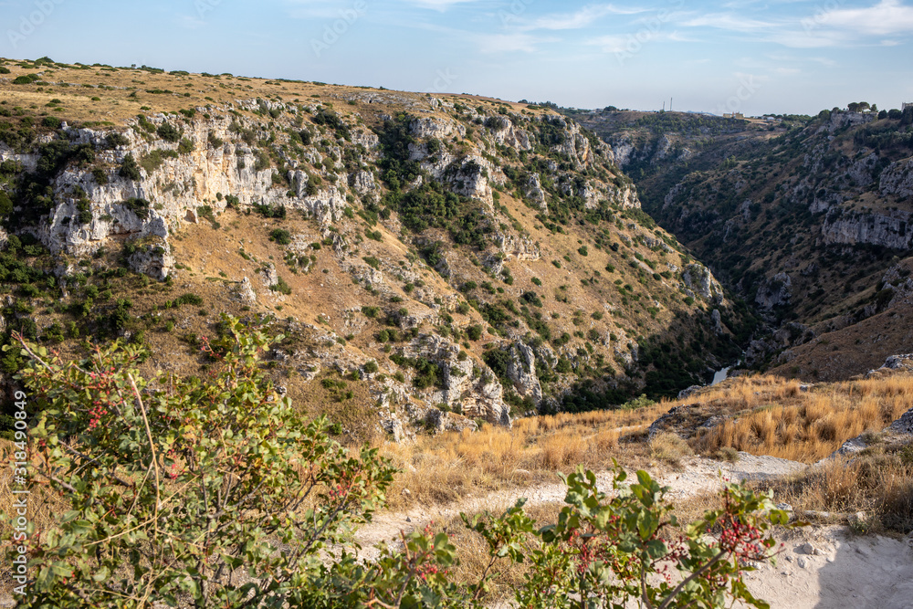 View of Gravina river canyon and park of the Rupestrian Churches of Matera with houses in caves di Murgia Timone near ancient town Matera (Sassi), , Basilicata,  Italy