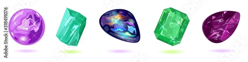 Vector set isolated on white with purple, violet, green and dark gemstones, minerals, mascot, amulet, talisman, periapt amethyst, beryl, black fire opal, emerald, taaffeite Jewelry collection
