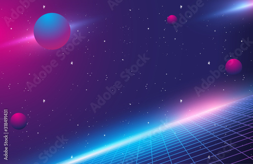 80s Retro Sci-Fi Background, Retro Futuristic Grid landscape of the 80`s.  Digital Cyber Surface. Suitable for design in the style of the 1980`s Vector illustration