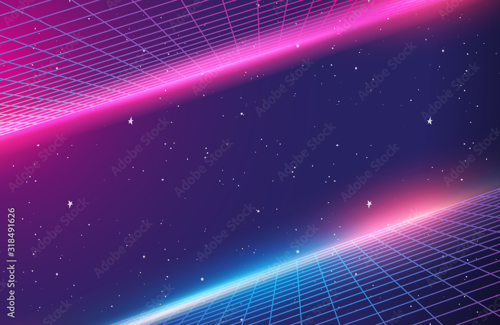 80s Retro Sci-Fi Background, Retro Futuristic Grid landscape of the 80`s.  Digital Cyber Surface. Suitable for design in the style of the 1980`s Vector illustration
